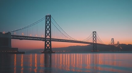 Fototapeta premium Sunset over Iconic Suspension Bridge Reflected in Water