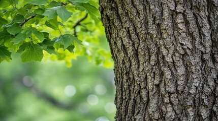 Obraz premium Close-Up of Tree Bark with Bright Green Leaves