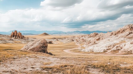 Fototapeta premium Serene Landscape with Rocky Formations and Rolling Hills
