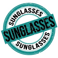 SUNGLASSES text written on blue-black round stamp sign