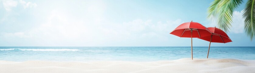 Fototapeta premium Relaxing beach scene with red umbrellas under a clear blue sky and gentle waves.
