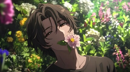 Handsome anime boy kissing flowers in flower garden background