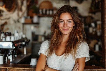 Smiling european woman preparing to open cafe, female owner of the coffee shop is waiting to open the shop, willingly waiting to serve customers, Generative AI