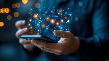 Person holding a smartphone with digital interface, symbolizing modern technology, connectivity, and innovation in a virtual world.