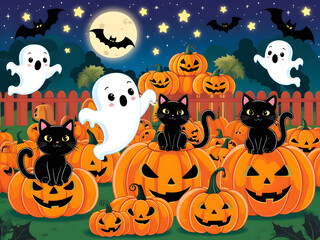 Playful ghosts and mischievous cats dancing among carved pumpkins under a moonlit sky in a festive autumn setting
