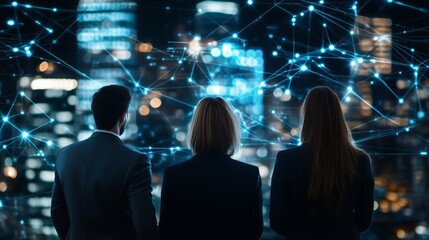 Three professionals observing a futuristic digital network connecting a city's skyline at night, symbolizing technology and innovation.