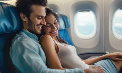 Fototapeta premium Couple cuddling together on airplane, relaxed and romantic, enjoying their flight