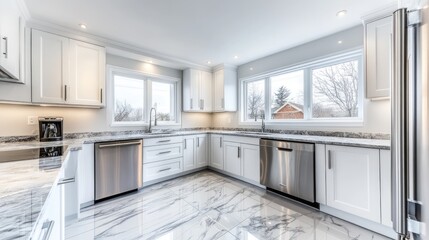 Modern Kitchen with Marble Countertops and Bright Windows