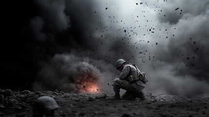 Soldier kneeling amidst explosions in a war-torn landscape during nighttime combat operations