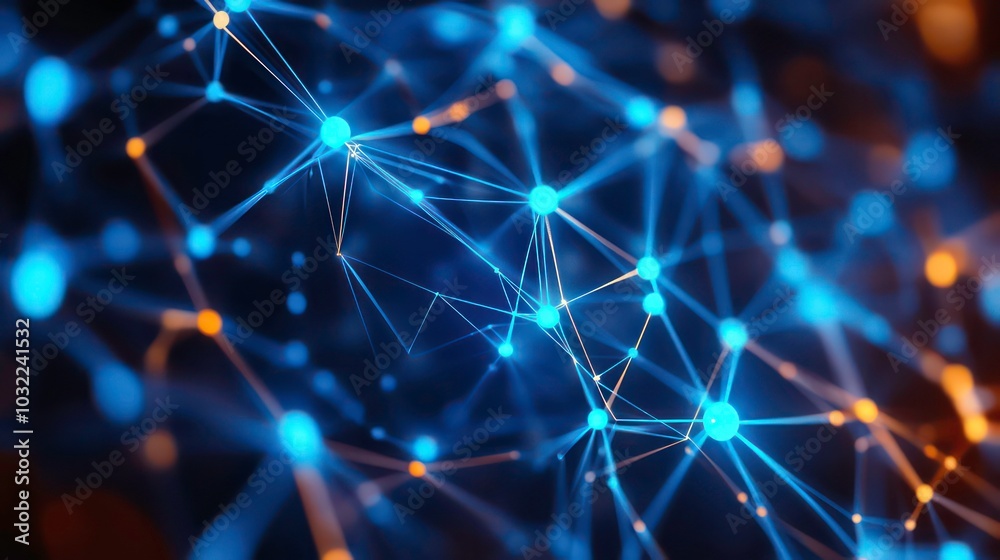 Sticker abstract blue and orange glowing network of connected dots and lines on dark background.