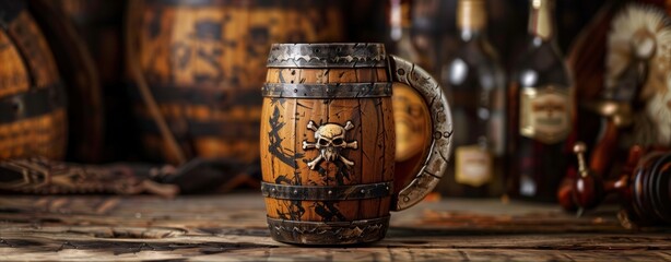 Wooden pirate tankard with skull emblem on a wooden table, tavern atmosphere, game design