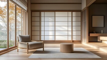 Fototapeta premium A modern Japanese living room with wooden flooring, featuring large windows, a sliding door, and minimalist furniture, creating a bright and empty space