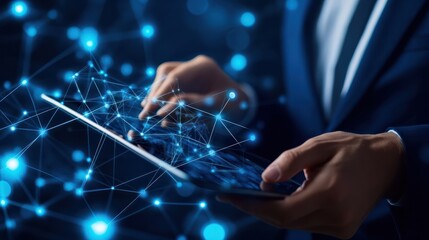 Businessman using a tablet and touching a digital connection network on a dark blue background, a close up of a hand holding a tablet with global connections or data transfer technology concept