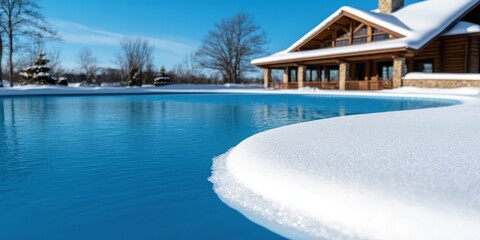 Fototapeta premium Beautiful winter scene with a luxury house and a bright blue pool surrounded by snow.