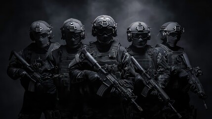 Five SWAT team members in black tactical gear, standing in a line, holding rifles, with smoke behind them.