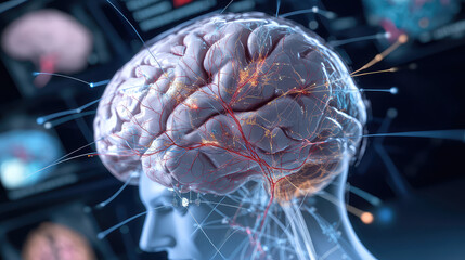 3D diagram of brain, highlighting neural connections and pathways, evoking sense of wonder about human cognition and neuroscience