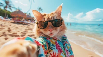 A stylish cat wearing sunglasses and a Hawaiian shirt takes a selfie on a sunny beach, with ocean waves in the background.