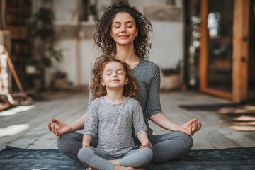 Peaceful happy mother and little daughter meditating together at home over white wall, sitting with eyes closed and smiling, Generative AI