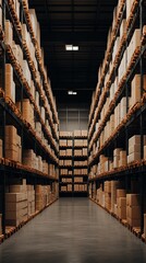 Fototapeta premium Vast warehouse interior with towering shelves stacked with boxes, well-organized in rows.