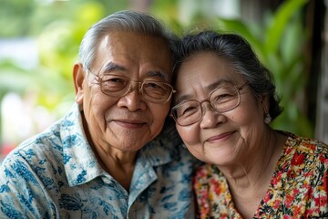 Fototapeta premium Portrait Elderly old couple Smile and show love to each other, Generative AI