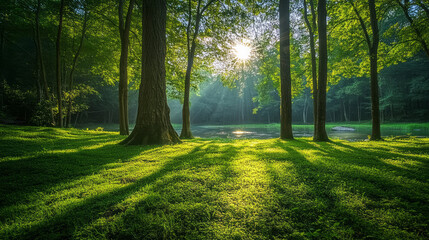 Obraz premium The early morning sun filtered through the leaves into the trees and lawns