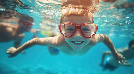 Naklejka premium Happy boy in goggles swims underwater in a pool, smiling and looking at the camera.