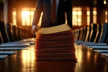 Professional setting with stacked files on a conference table, warm lighting.