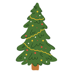 Christmas tree isolated on white background. Christmas tree with toys. Christmas decorations. Vector illustration in doodle style.