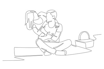 A couple in love making out on a picnic. Picnic gathering concept one-line drawing