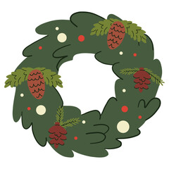 Christmas wreath with fir branches and pine cones. Vector illustration.