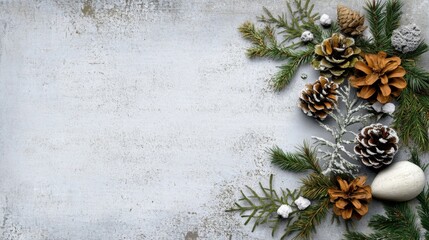 Festive Pinecone and Evergreen Arrangement on Gray Background - Perfect for Holiday Designs and Seasonal Themes. copy space