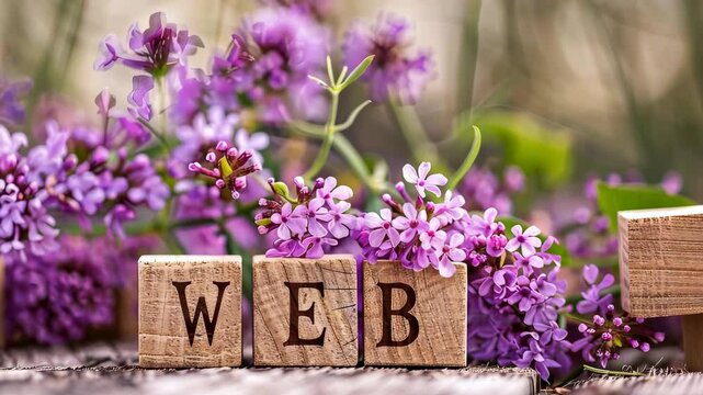 scrabble tiles spelling web among purple flowers.