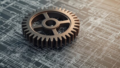 Fototapeta premium A metallic gear rests on a blueprint background, symbolizing engineering and mechanical design.