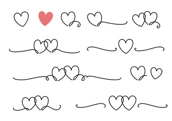 Heart wedding linear set, line art and love symbols