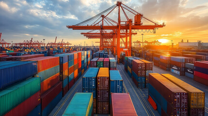 Port terminal freight container close-up, trade logistics transport concept