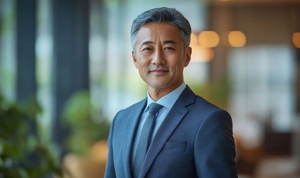 Senior Mature Asian businessman in formal wear portrait of confident businessman in office professional business attire, emphasizing confidence and, Generative AI
