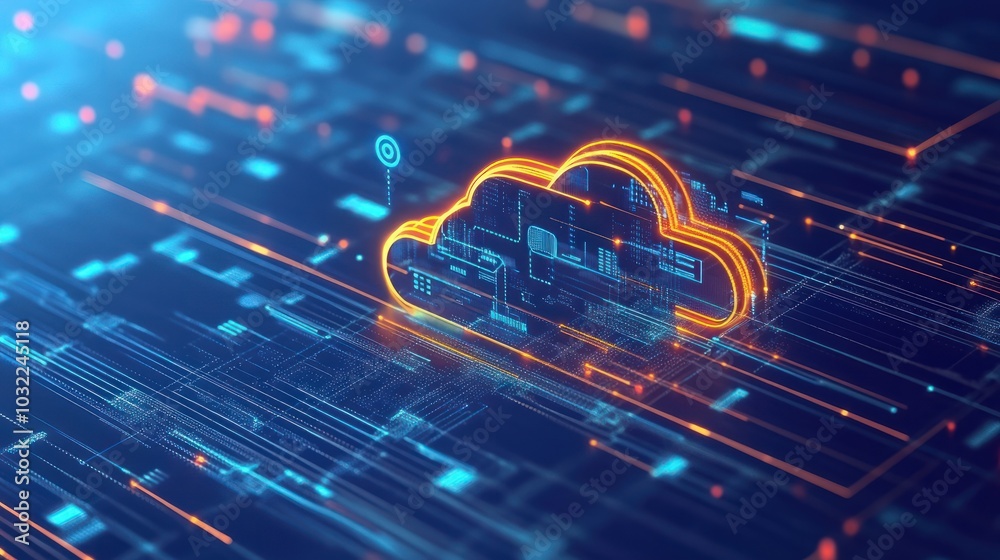 Poster digital illustration of cloud computing technology with glowing data streams and icons representing 