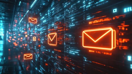 digital envelopes floats in cyberspace, representing the exchange of electronic messages. The glowing symbols and sleek design illustrate modern communication and connectivity