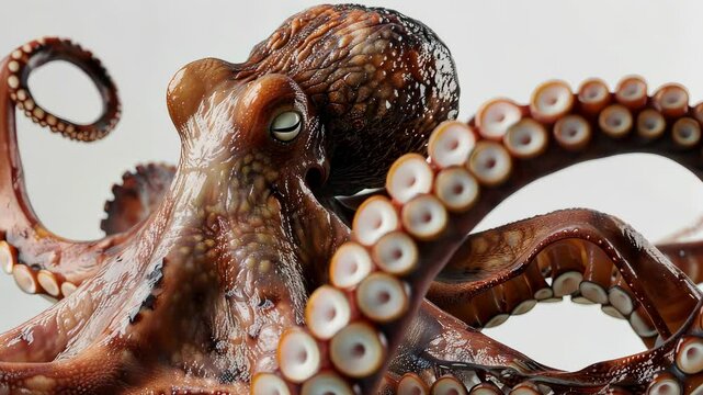 Close-up of an octopus with detailed texture, studio shot. Marine life and biology concept.
