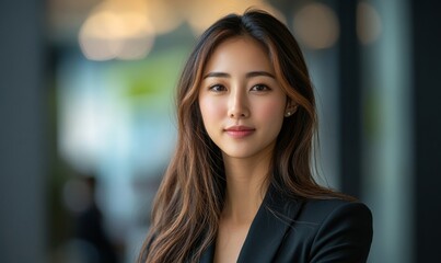 Obraz premium Young Asian businesswoman in formal wear portrait of confident business woman in office professional business attire, emphasizing confidence and, Generative AI
