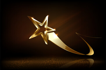 Award ceremony background with 3d gold star and ribbon element and glitter light effect decoration.