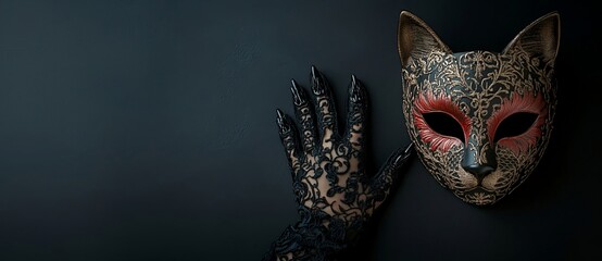 Vintage masquerade cat mask with female hand in lace on black background. Quadrobics accessories and role playing games concept. Top view for poster, banner with copy space