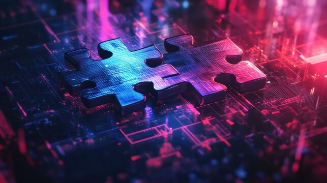 Digital representation of API integration concept with two interlocking puzzle pieces against a futuristic tech-inspired abstract background, symbolizing connectivity and interoperability