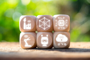 Illustration of SCADA system concept featuring industrial automation, AI, and cloud technology icons on wooden blocks.