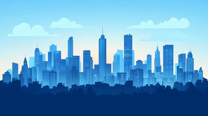 Fototapeta premium Blue tall buildings flat city skyline illustration