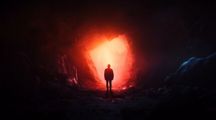 A lone figure stands in a dark cave illuminating a vibrant orange light at the exit during twilight hours