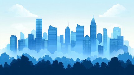 Fototapeta premium Blue tall buildings flat city skyline illustration