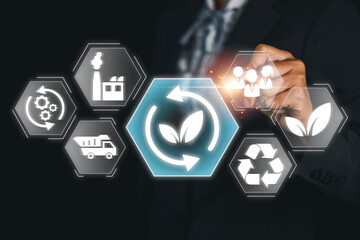 Visual representation of life cycle assessment with sustainability icons, highlighting eco-friendly practices and environmental impact.