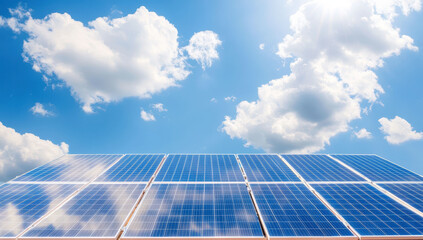 Solar panels under a vibrant blue sky with fluffy clouds