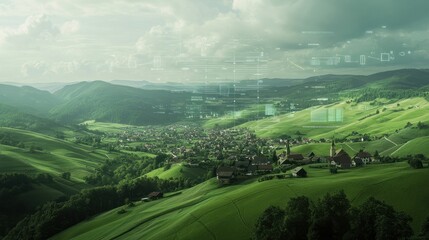 Fototapeta premium Futuristic Data Overlay on Rolling Green Hills and Village